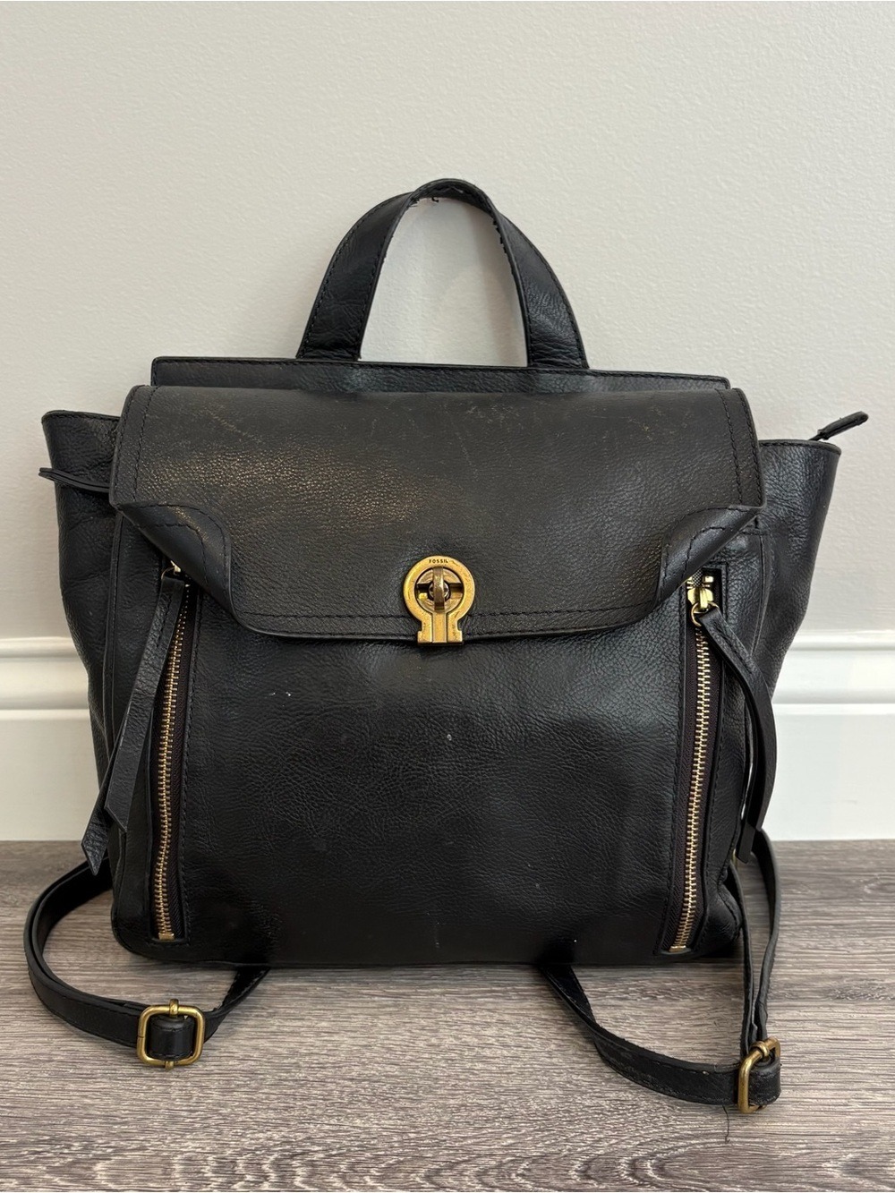 Fossil Black Leather Backpack with Gold Hardware